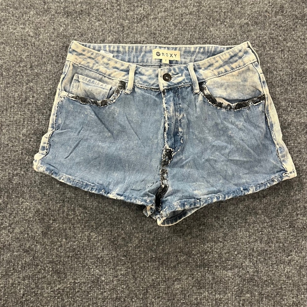 Roxy Denim Shorts Womens Size 7 Blue Acid Wash Distressed Frayed Cotton Casual